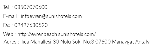 Sunis Evren Beach Resort Hotel & Spa telefon numaralar, faks, e-mail, posta adresi ve iletiim bilgileri